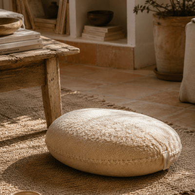 Pouf rond en laine feutrée naturelle dans un intérieur inspiré de la Provence