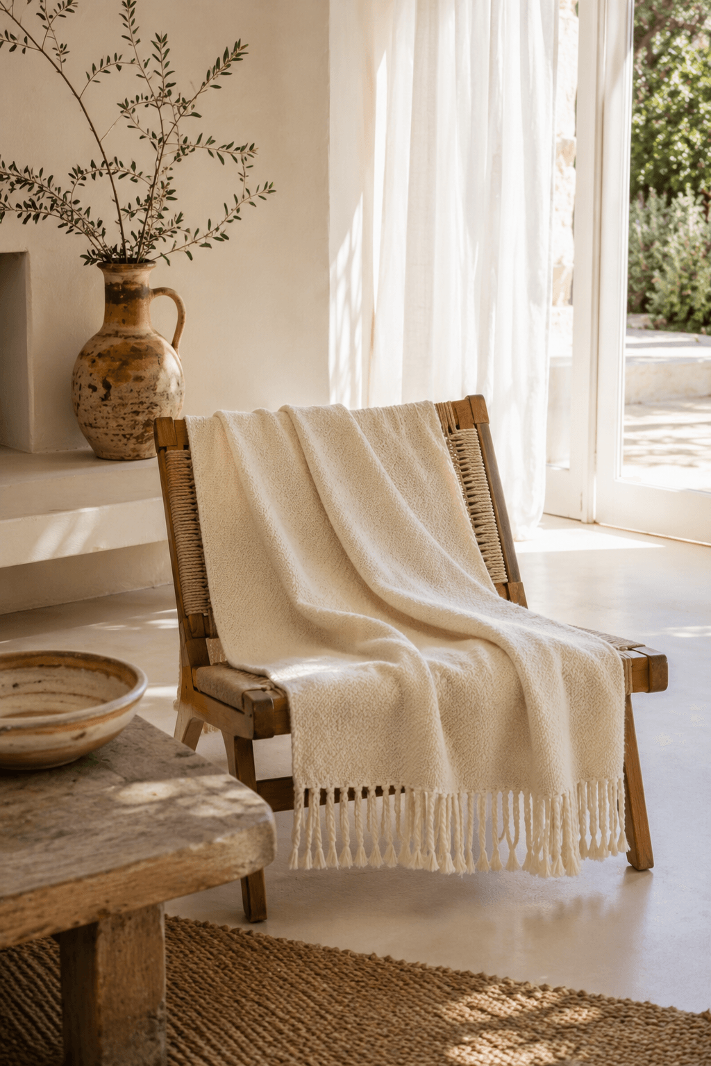 Plaid artisanal écru en laine naturelle posé sur un fauteuil dans une maison provençale