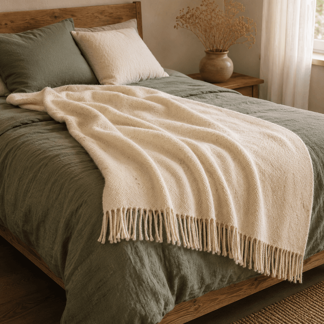 Plaid artisanal écru en laine naturelle posé sur une lit dans un mas provençal