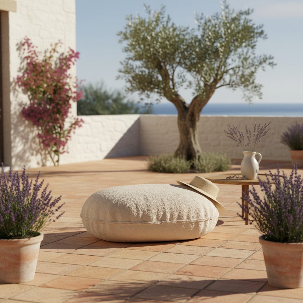 Pouf rond en laine feutrée naturelle sur une terrasse provençale ensoleillée
