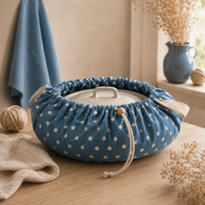 Marmite norvégienne artisanale en tissu bleu à pois avec isolation en laine naturelle provençale